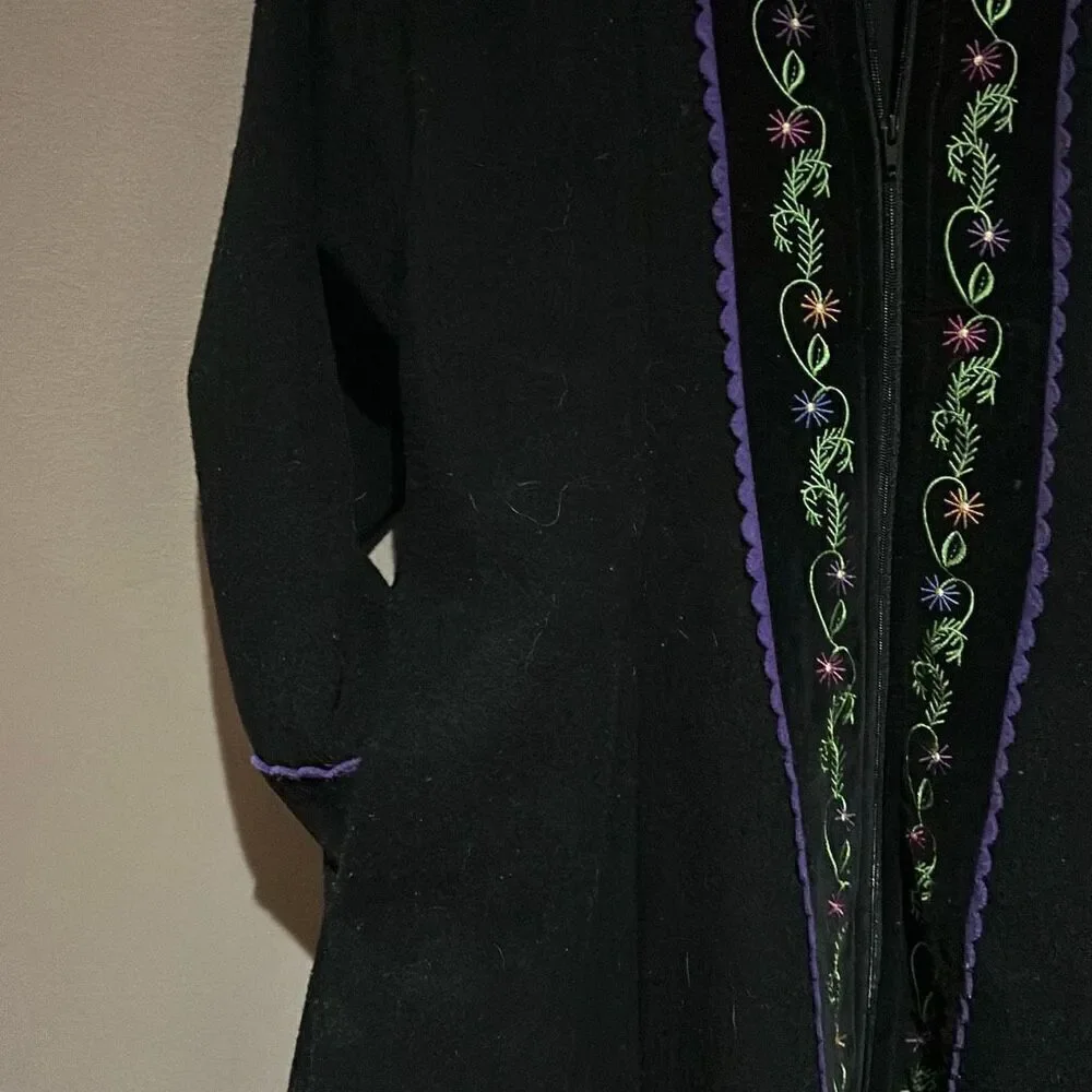 Samii Clothes Gay Ellis Vintage Scandinavian Black Wool Coat Embroidered Girls X